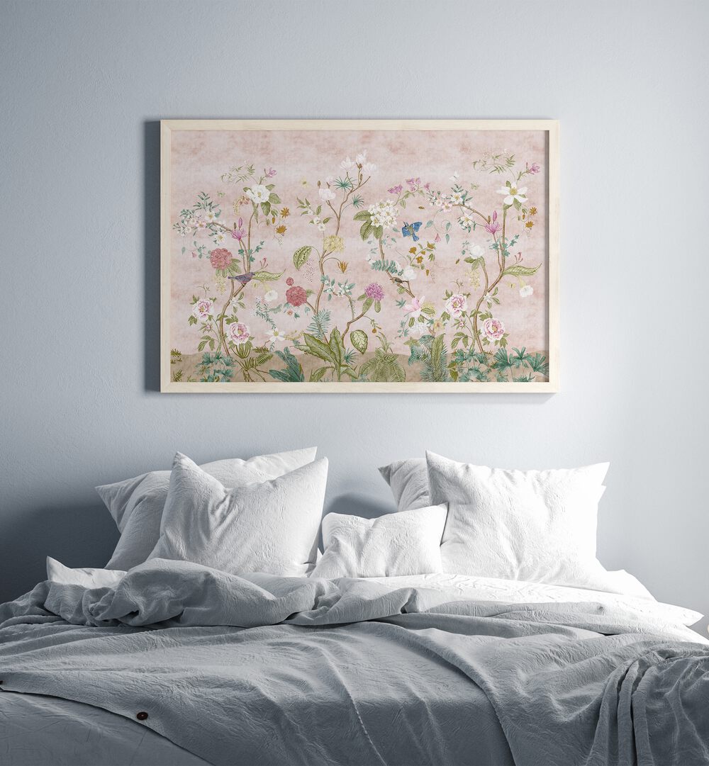 Pink Floral Artwork Indian Art Painting Artwork in plain white frame above a bed for bedroom