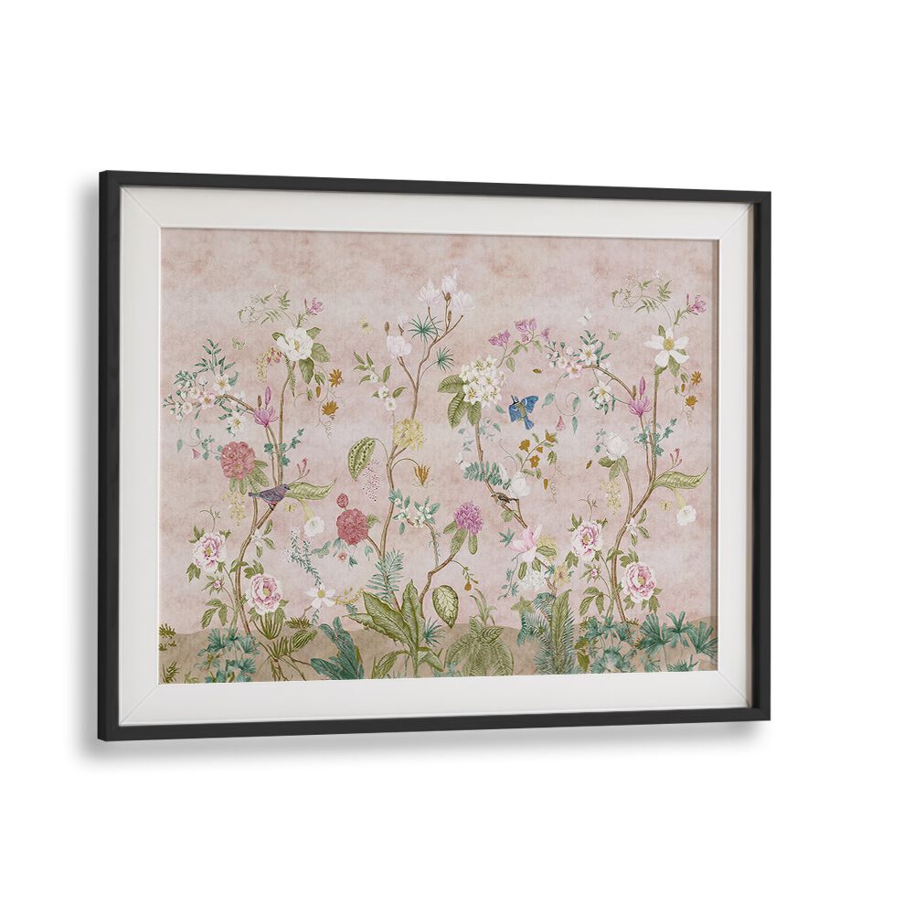 Pink Floral Indian Art Painting Artwork in Black Frame With Mount