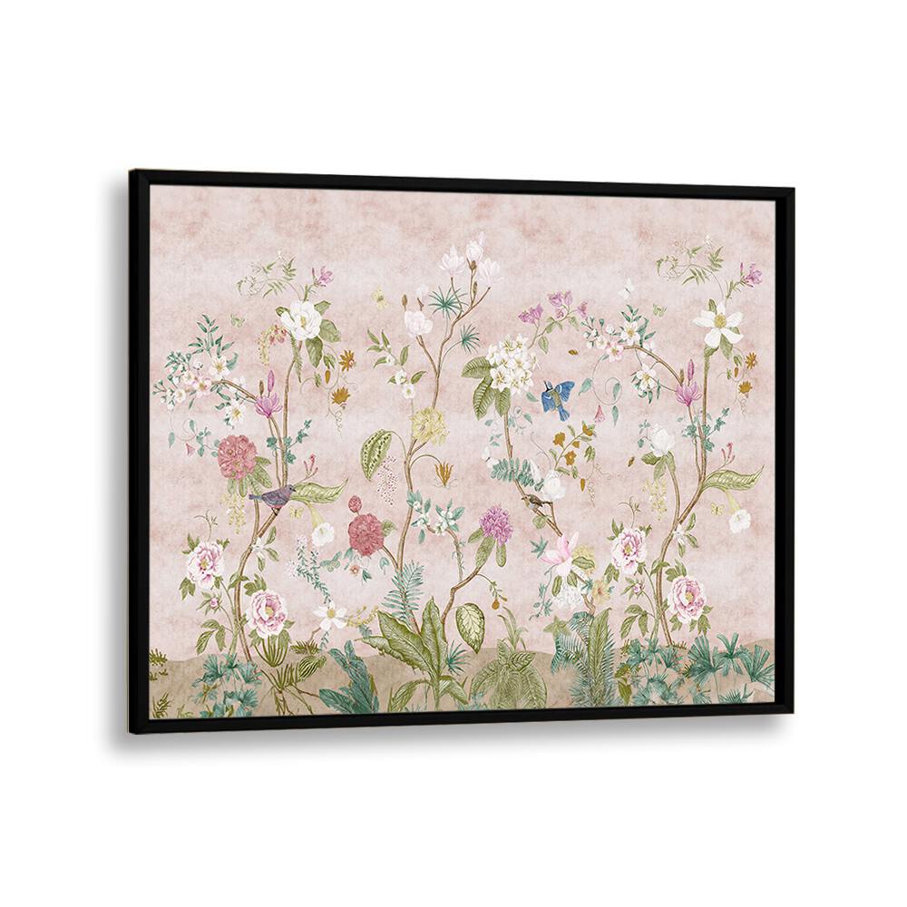 Pink floral Indian art painting Artwork in Black Plain Frame