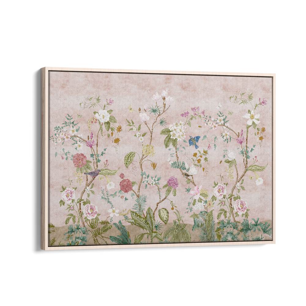 Pink floral Indian art painting Artwork in Oak Wood Floater Frame