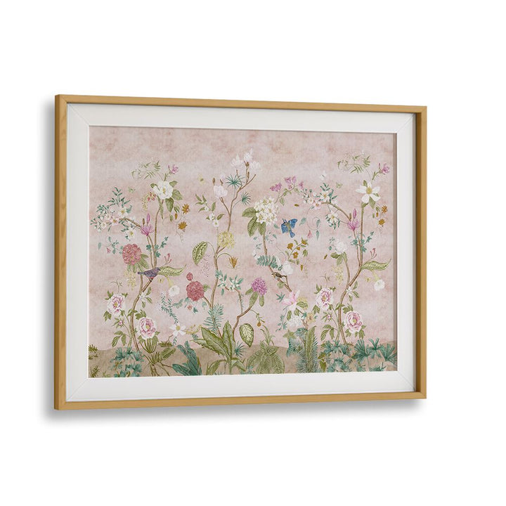 Pink Floral Indian Art Painting Artwork in Oak Wood Frame With Mount