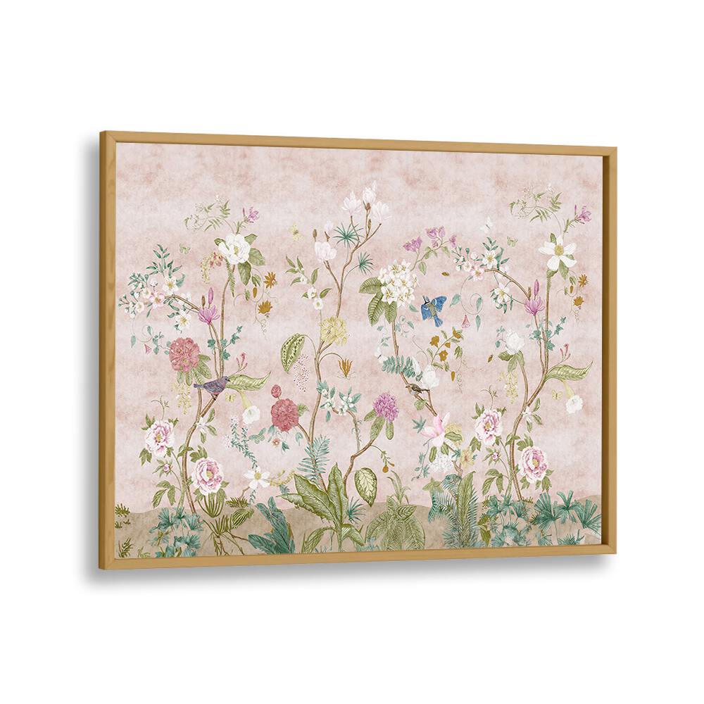 Pink floral Indian art painting Artwork in Oak Wood Plain Frame