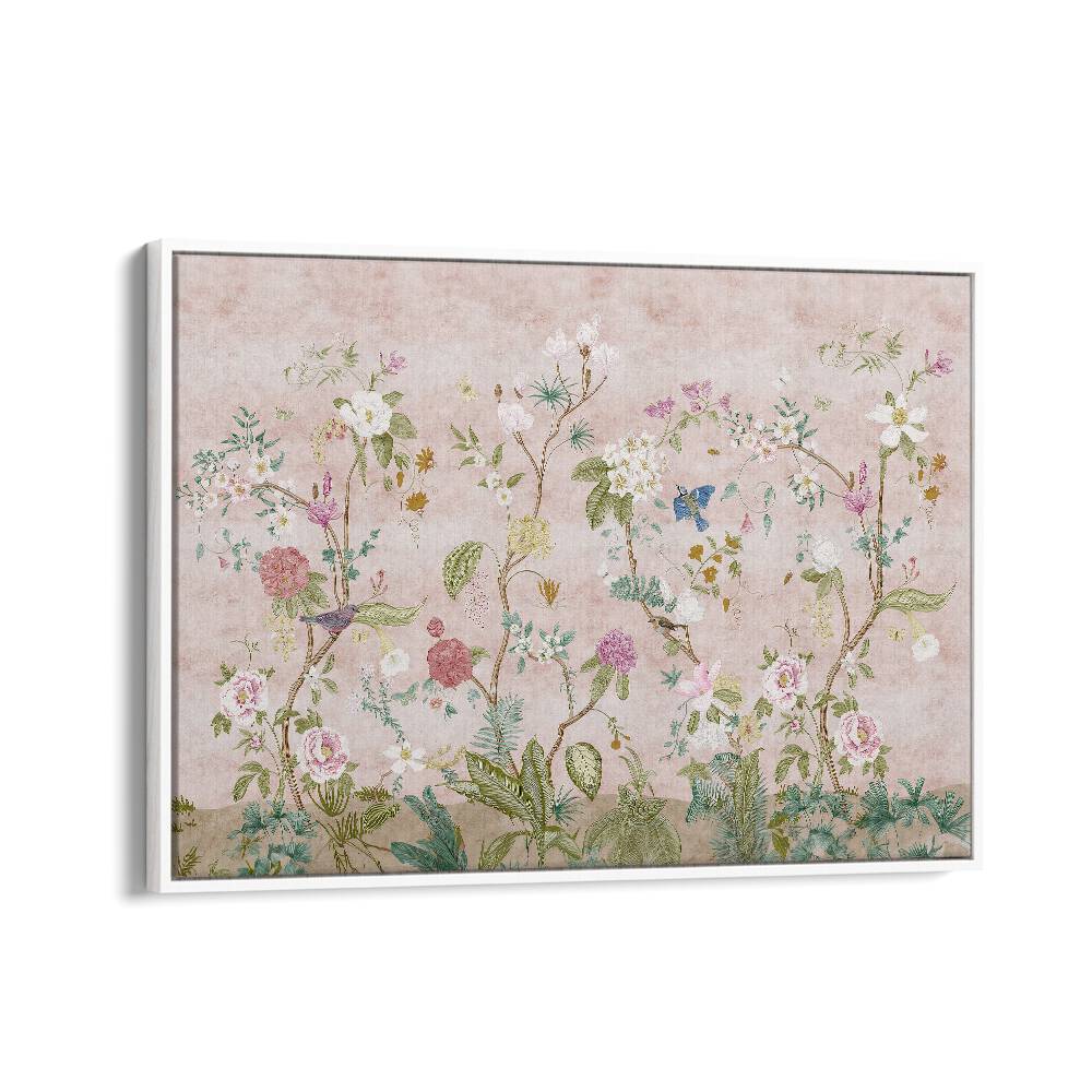 Pink floral Indian art painting Artwork in White Floater Frame