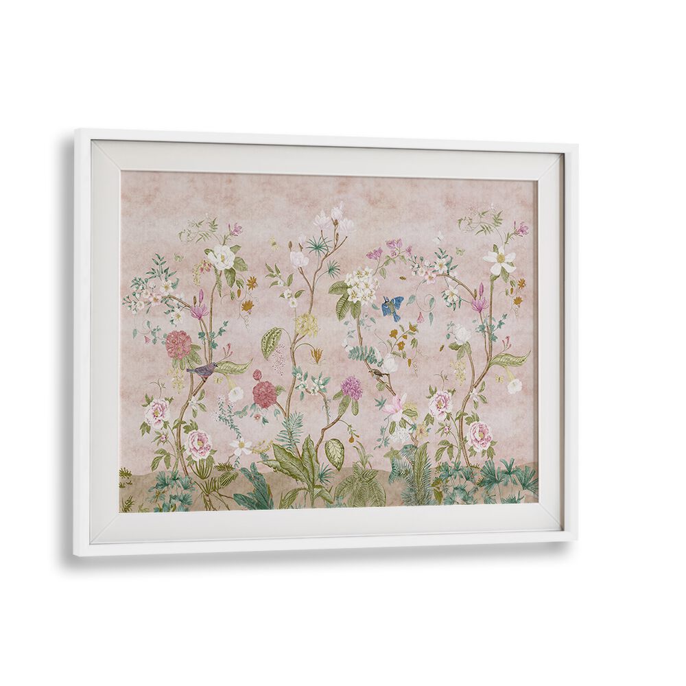 Pink Floral Indian Art Painting Artwork in White Frame With Mount