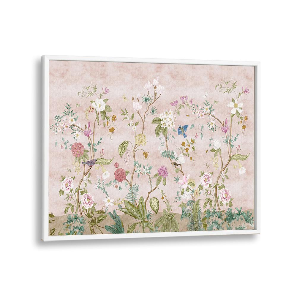 Pink floral Indian art painting Artwork in White Plain Frame