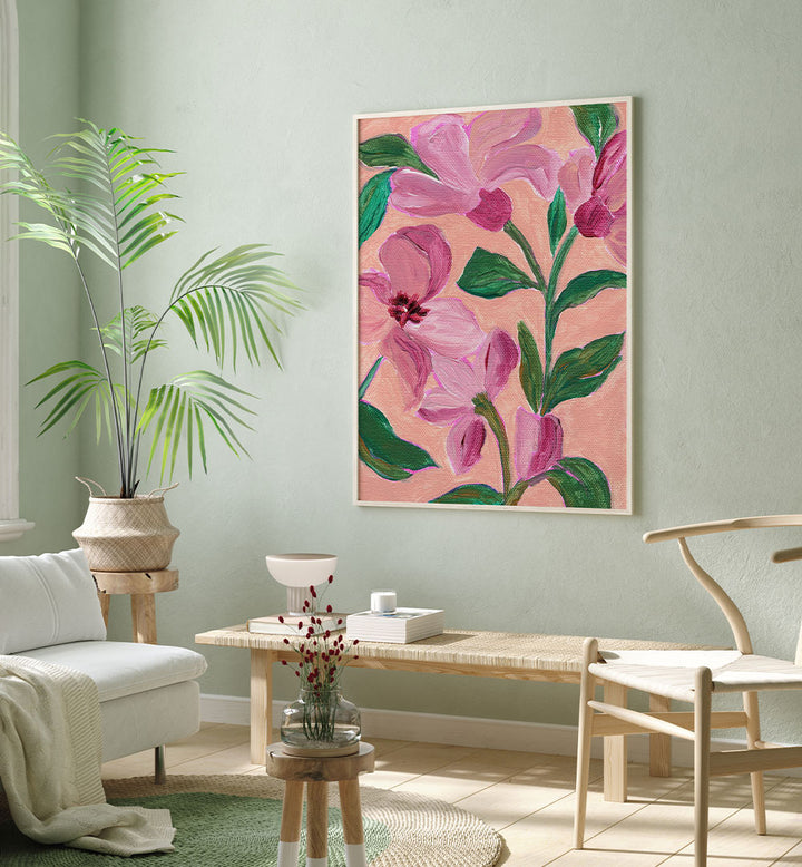PINK FLOWERS LEAVES , FLORAL FLOWER PAINTINGS
