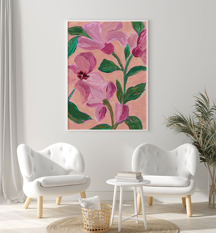 PINK FLOWERS LEAVES , FLORAL FLOWER PAINTINGS