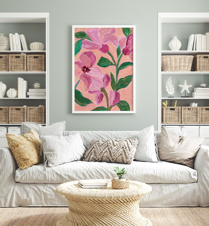 PINK FLOWERS LEAVES , FLORAL FLOWER PAINTINGS