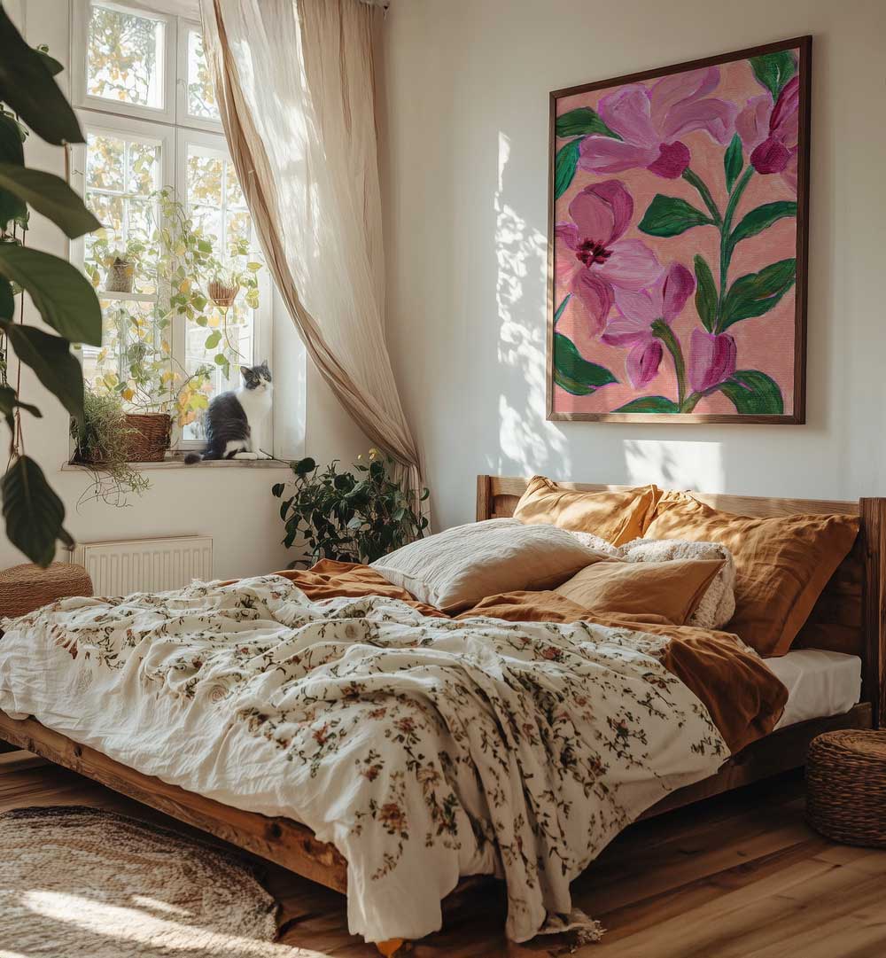 PINK FLOWERS LEAVES , FLORAL FLOWER PAINTINGS