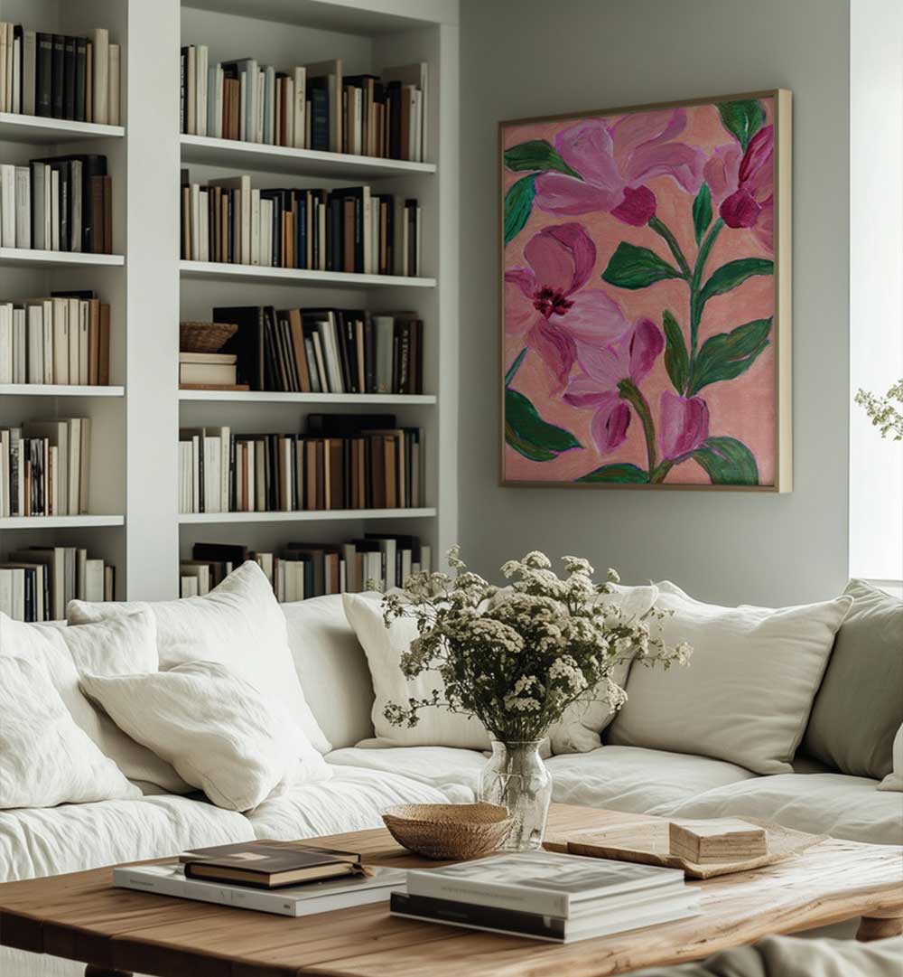 PINK FLOWERS LEAVES , FLORAL FLOWER PAINTINGS