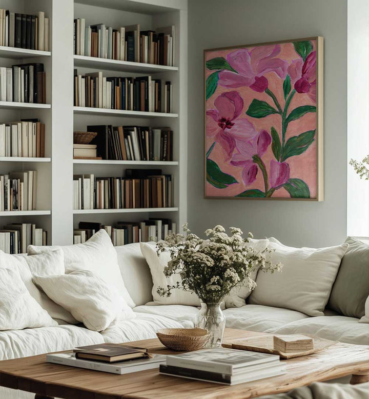 PINK FLOWERS LEAVES , FLORAL FLOWER PAINTINGS