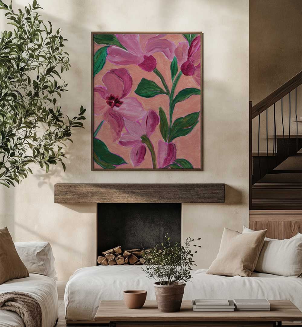 PINK FLOWERS LEAVES , FLORAL FLOWER PAINTINGS