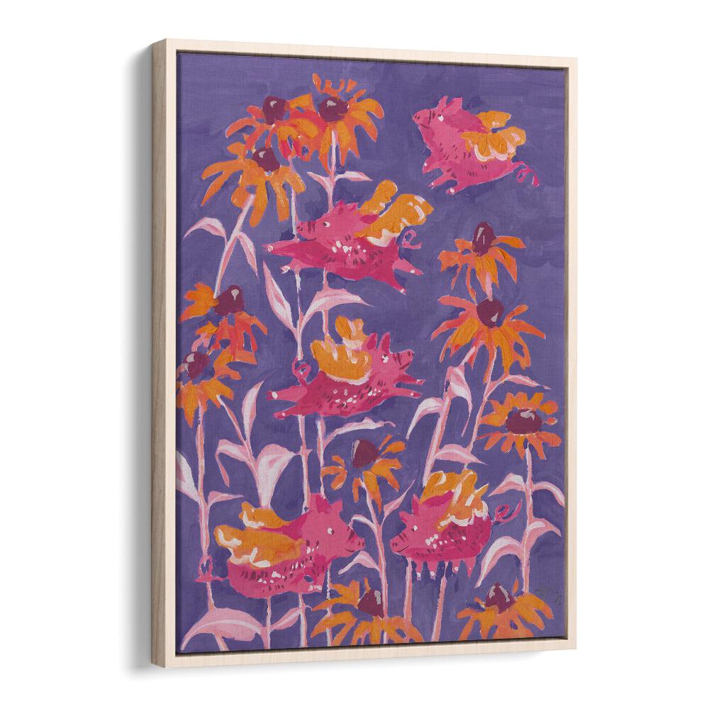 Pink Flying Piglets By Ania Zwara Botanical Flower Paintings Artwork in Oak Wood Floater Frame