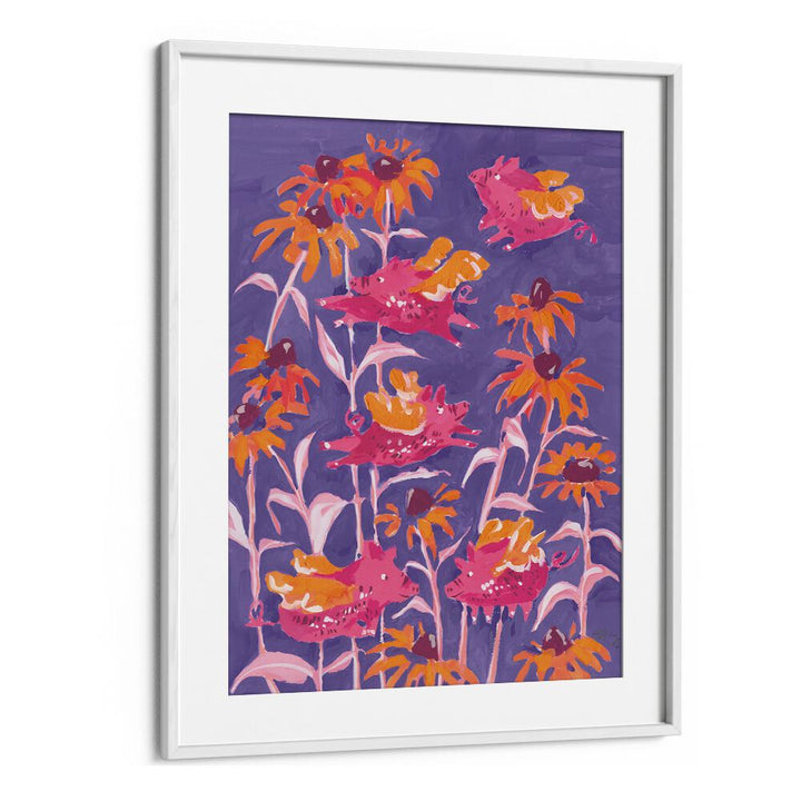 Pink Flying Piglets By Ania Zwara Botanical Flower Paintings Artwork  in White frame With Mount