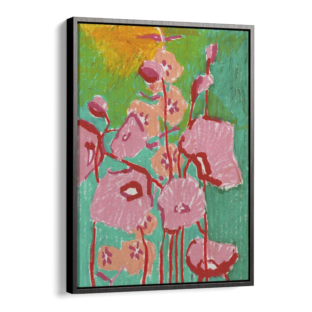 Pink Poppies By Ania Zwara Botanical Flower Paintings Artwork  in Black Floater Frame