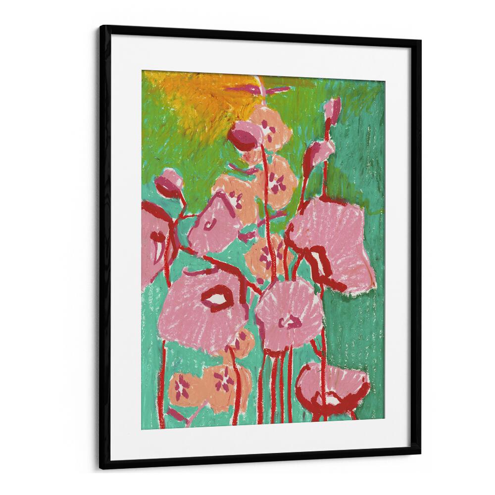 Pink Poppies By Ania Zwara Botanical Flower Paintings Artwork  in Black Frame With Mount