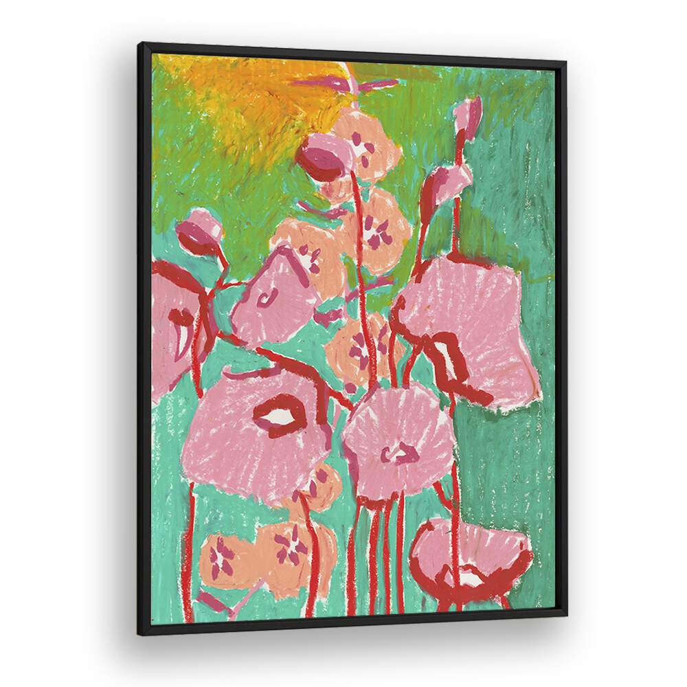 Pink Poppies By Ania Zwara Botanical Flower Paintings Artwork  in Black Plain Frame