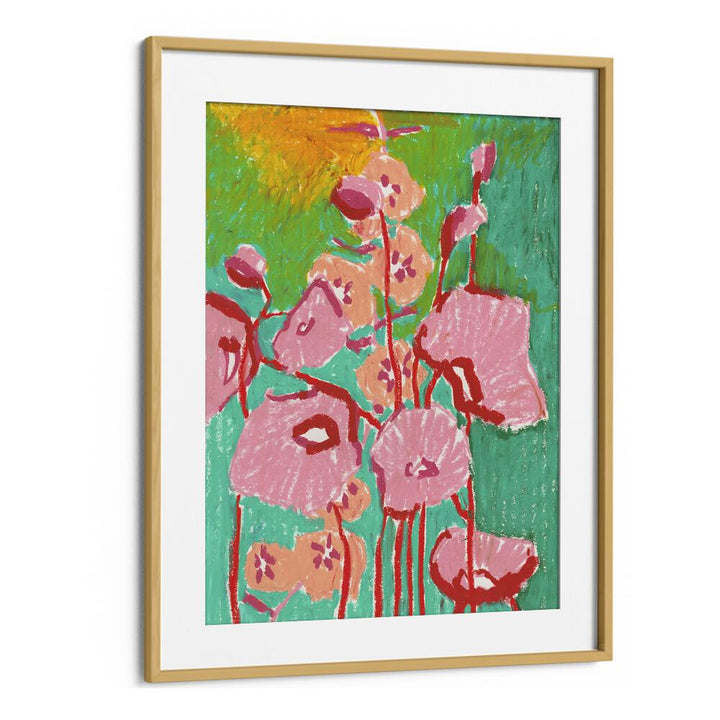 Pink Poppies By Ania Zwara Botanical Flower Paintings Artwork in Oak Wood Frame With Mount