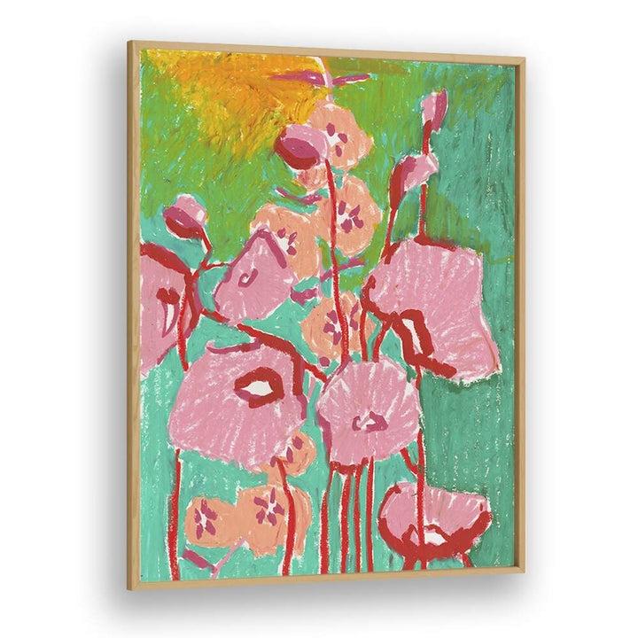 Pink Poppies By Ania Zwara Botanical Flower Paintings Artwork in Oak Wood Plain Frame