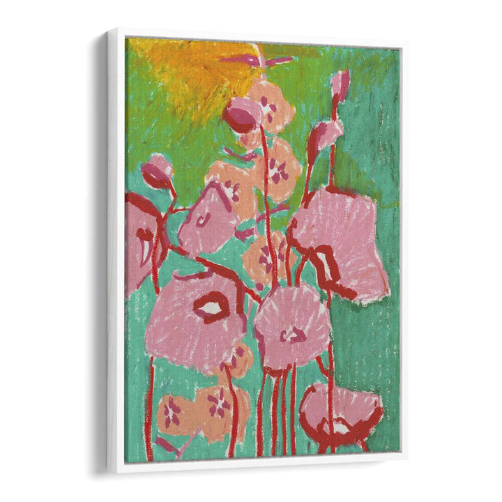 Pink Poppies By Ania Zwara Botanical Flower Paintings Artwork  in White Floater Frame