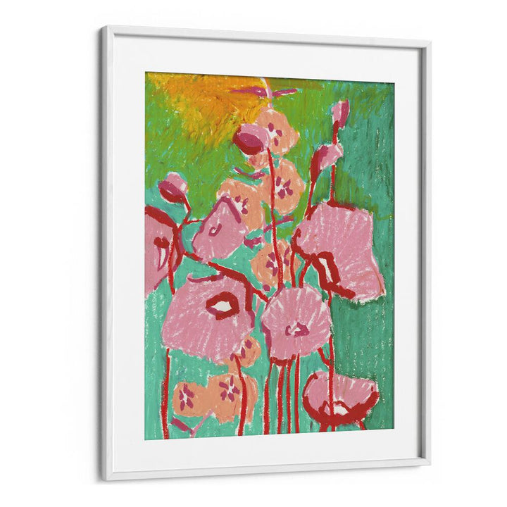 Pink Poppies By Ania Zwara Botanical Flower Paintings Artwork  in White frame With Mount