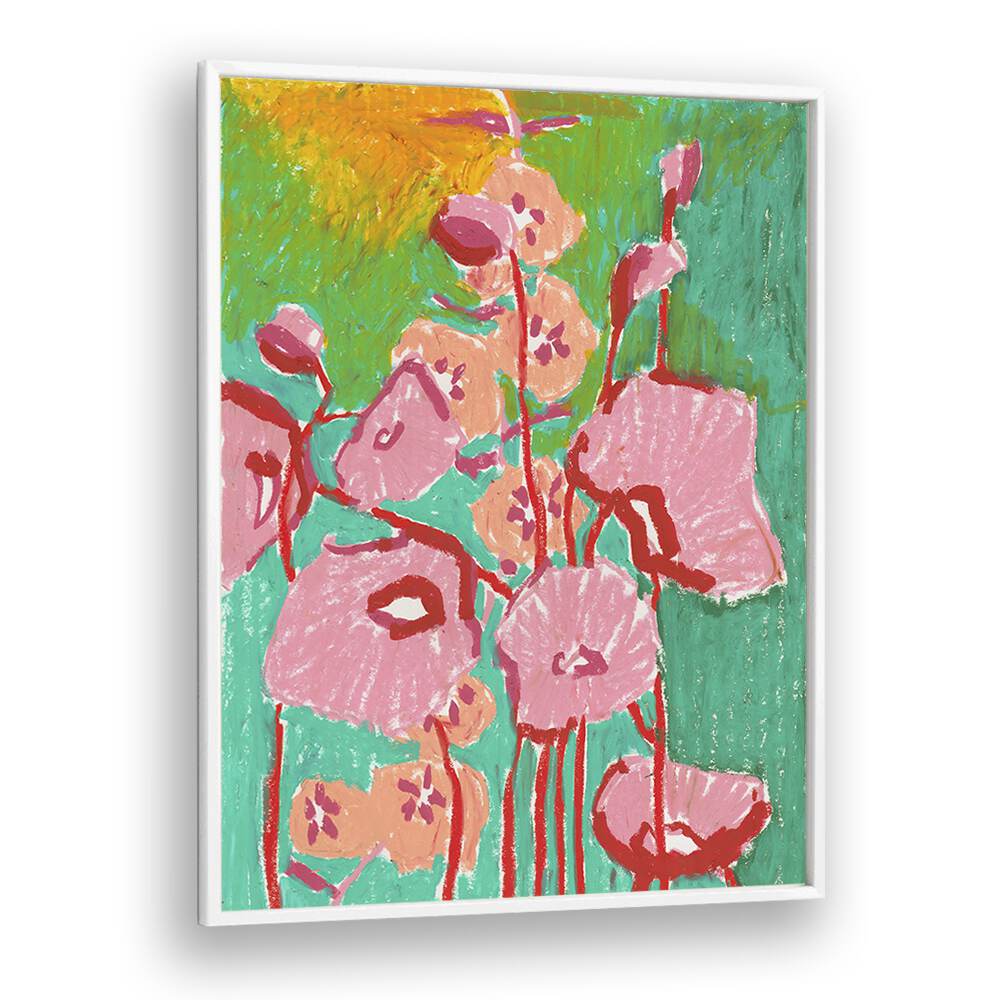 Pink Poppies By Ania Zwara Botanical Flower Paintings painting Artwork  in White Plain Frame