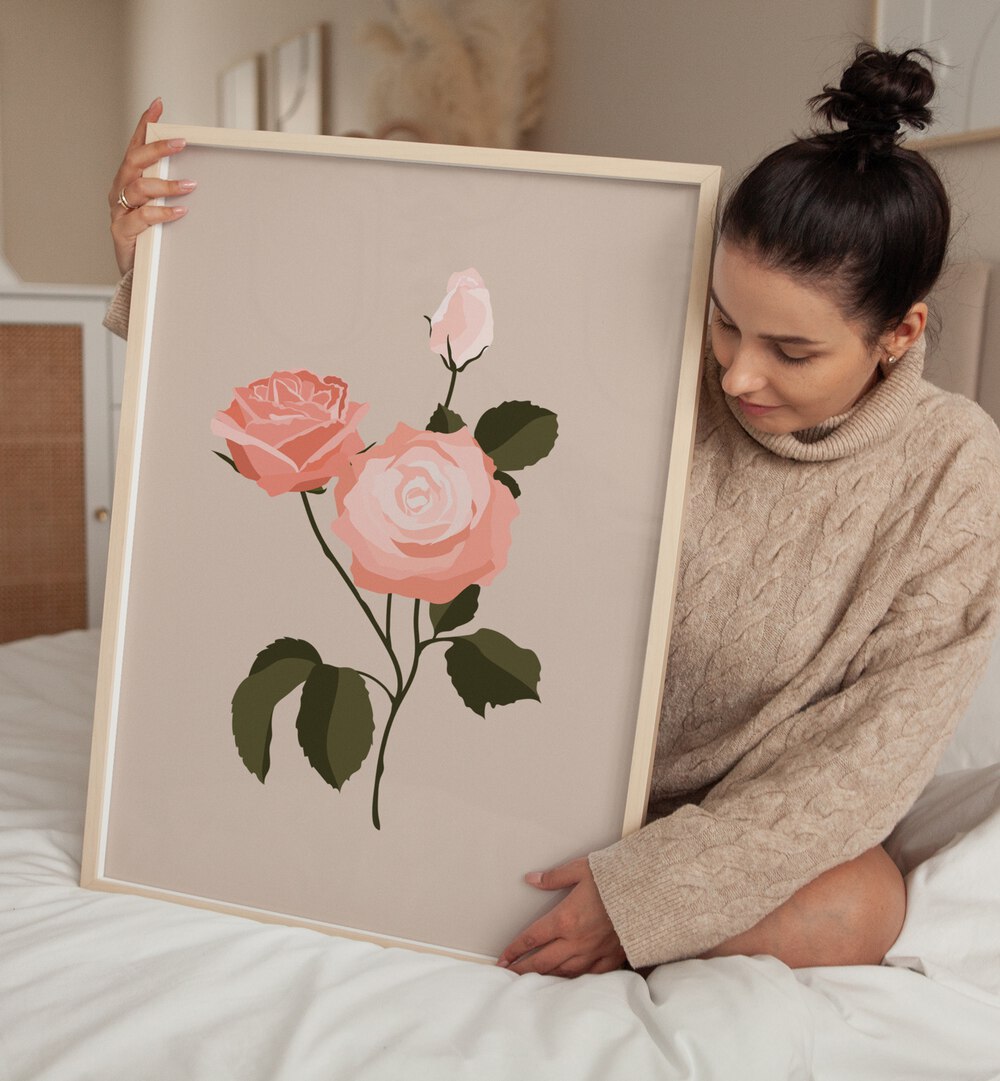 Pink Rose I Botanical Flower Paintings Artwork  With Lady