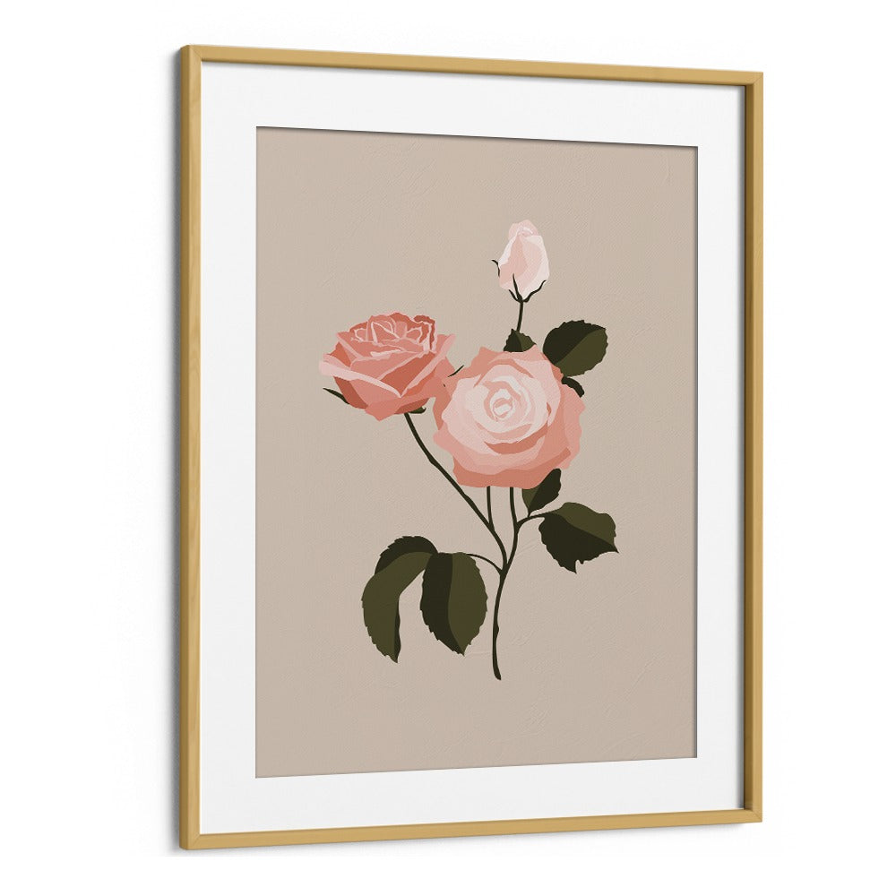 Pink Rose I Botanical Flower Paintings Artwork in Oak Wood Frame With Mount