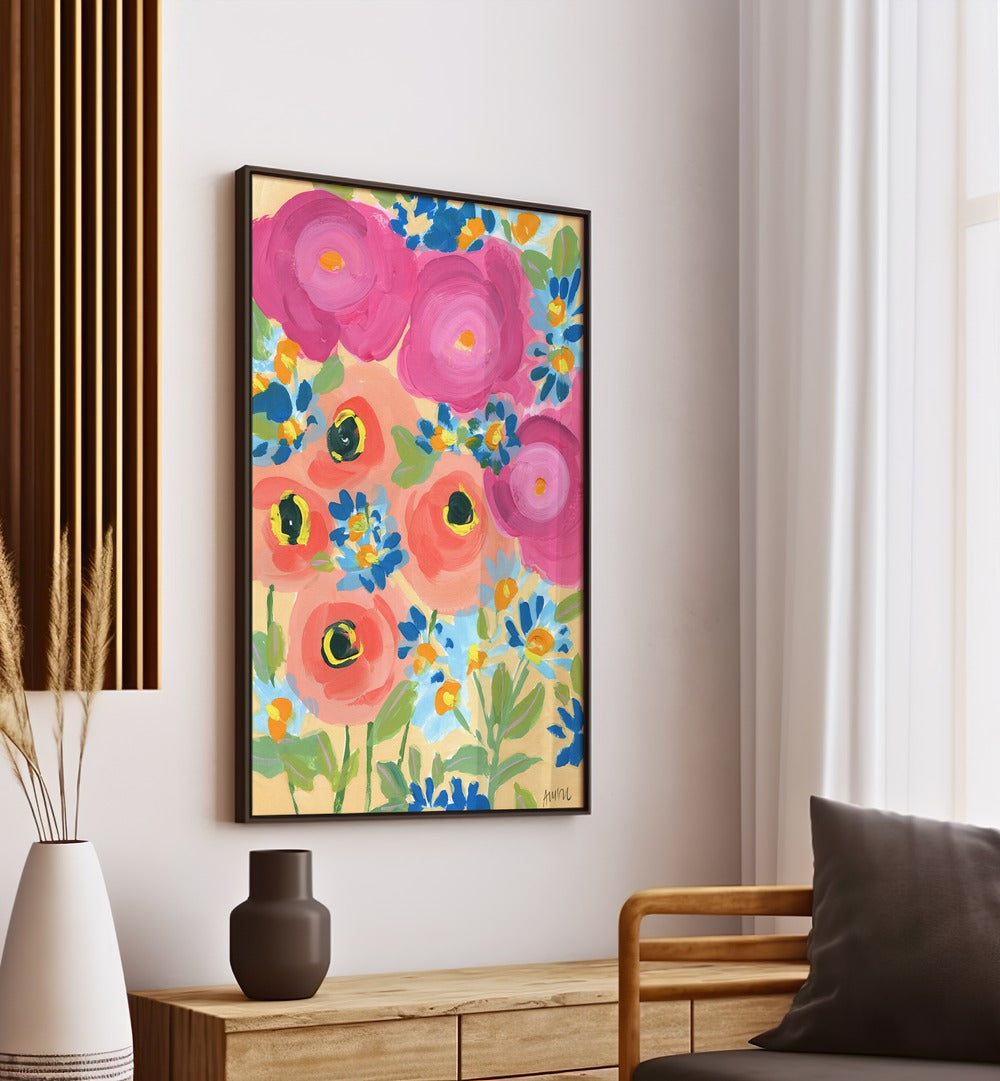 Pink Roses And Coral Anemones Botanical Flower Paintings Artwork Placed on a wall