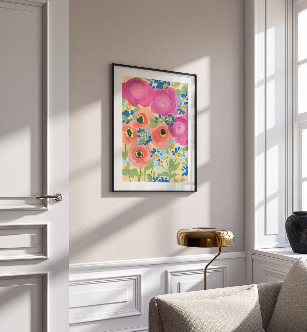 Pink Roses And Coral Anemones Botanical Flower Paintings Artwork Placed on a wall