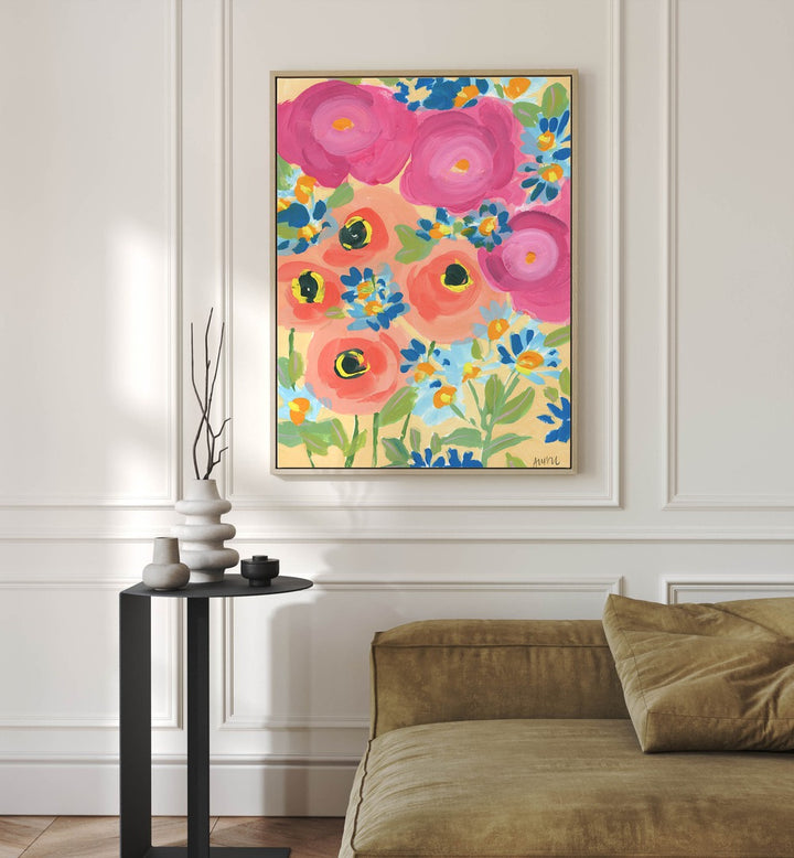 Pink Roses And Coral Anemones Botanical Flower Paintings Artwork Placed on a wall