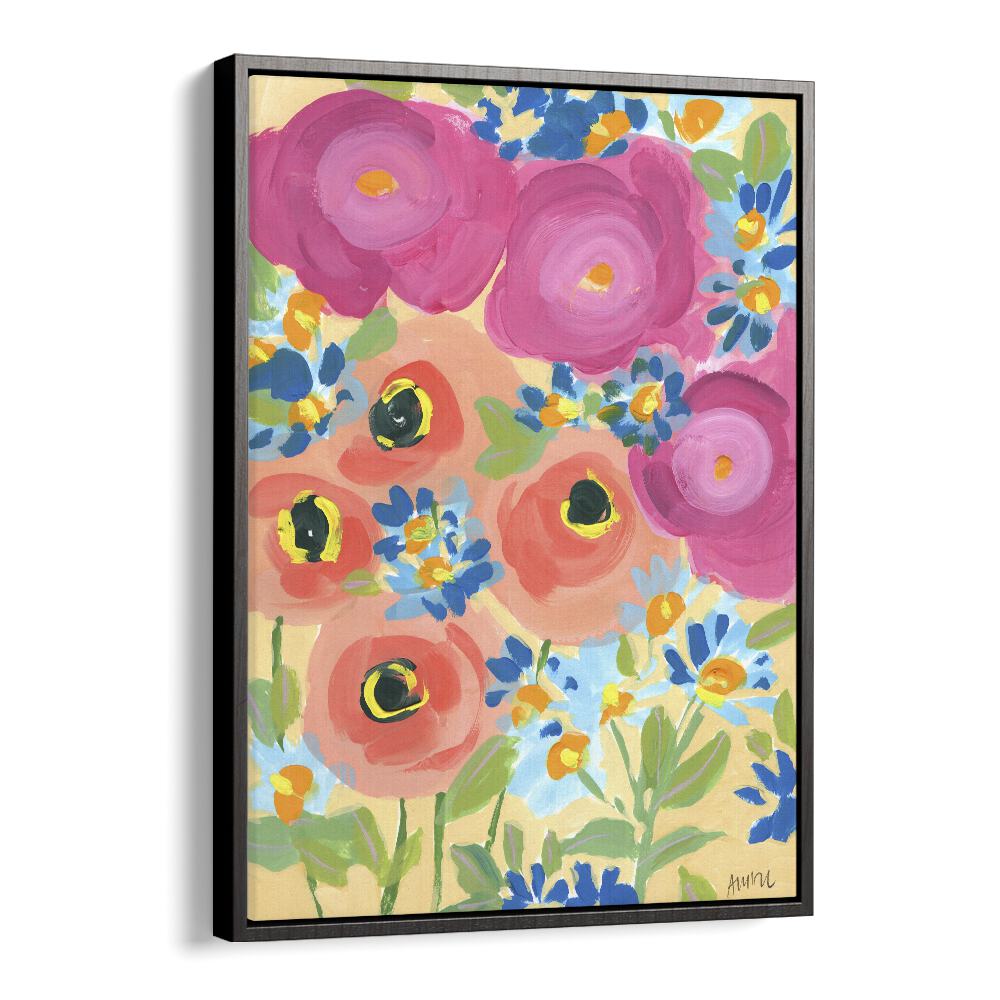 Pink Roses And Coral Anemones  Botanical Flower Paintings Artwork  in Black Floater Frame