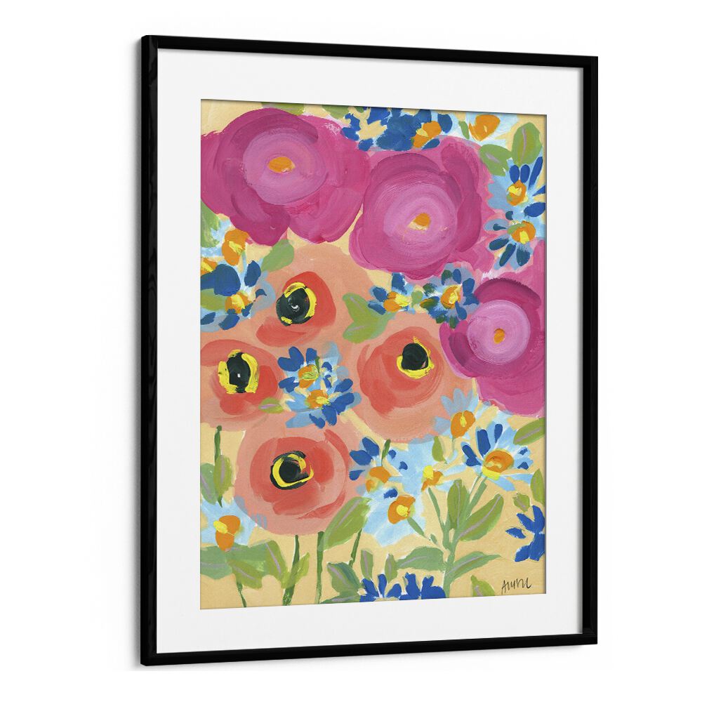 Pink Roses And Coral Anemones  Botanical Flower Paintings Artwork  in Black Frame With Mount