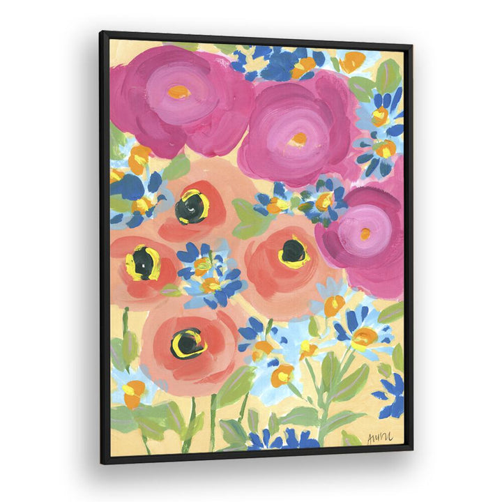 Pink Roses And Coral Anemones Botanical Flower Paintings Artwork  in Black Plain Frame