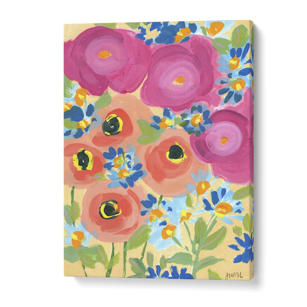 Pink Roses And Coral Anemones Botanical Flower Paintings Artwork in Gallery Wrap