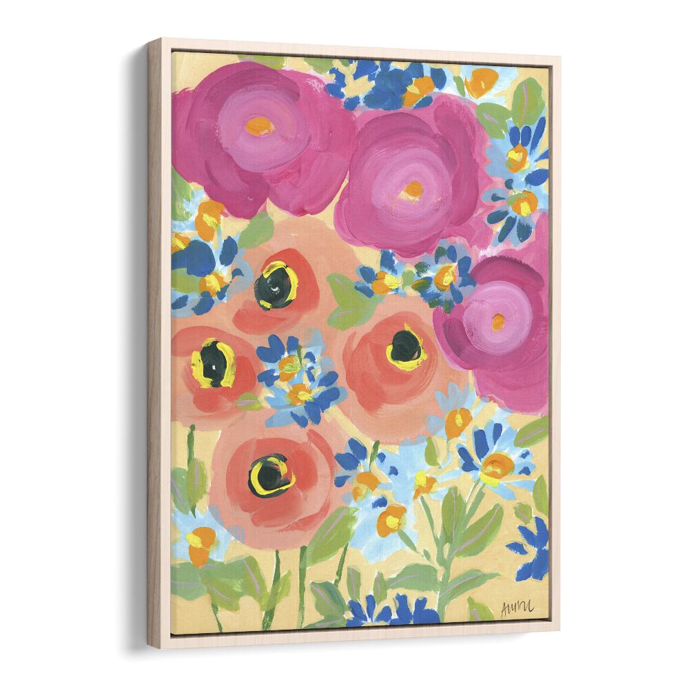 Pink Roses And Coral Anemones Botanical Flower Paintings Artwork in Oak Wood Floater Frame