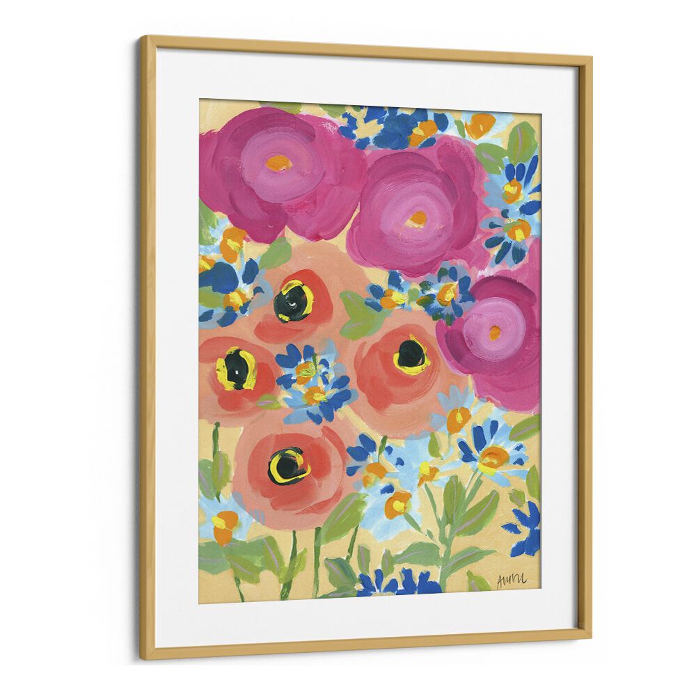 Pink Roses And Coral Anemones Botanical Flower Paintings Artwork in Oak Wood Frame With Mount