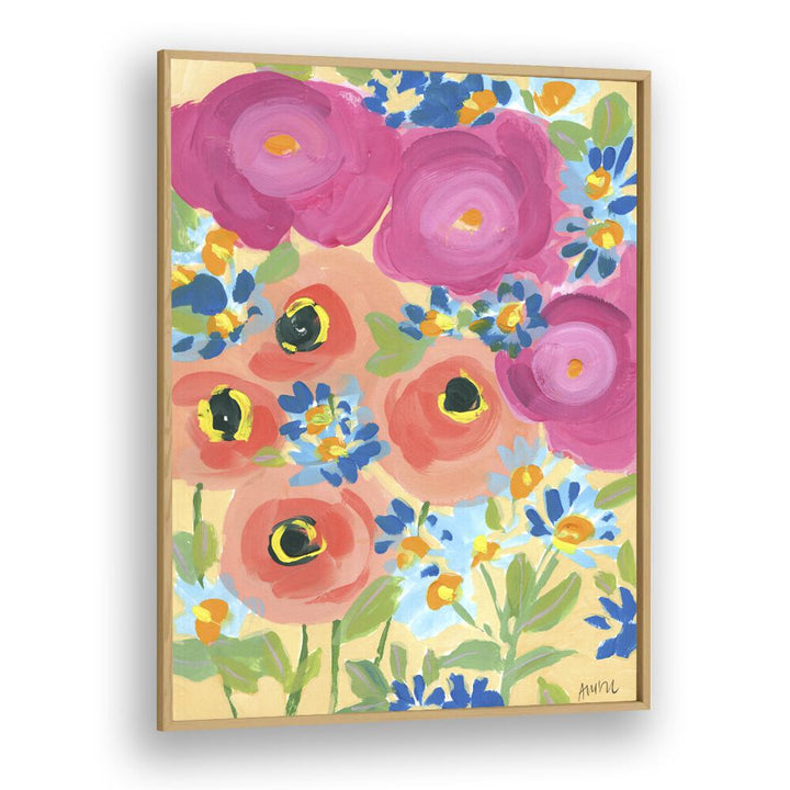 Pink Roses And Coral Anemones Botanical Flower Paintings Artwork in Oak Wood Plain Frame