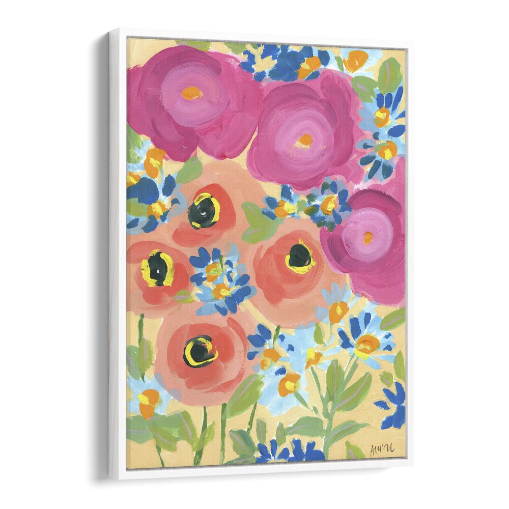 Pink Roses And Coral Anemones Botanical Flower Paintings Artwork  in White Floater Frame