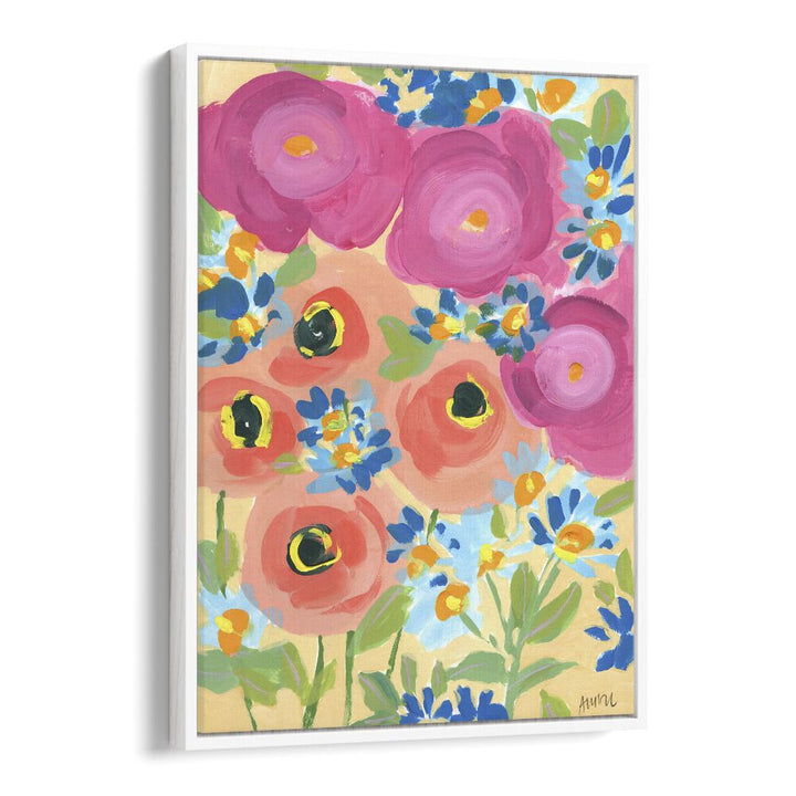 Pink Roses And Coral Anemones Botanical Flower Paintings Artwork  in White Floater Frame