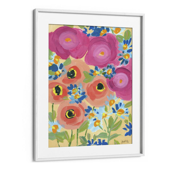 Pink Roses And Coral Anemones Botanical Flower Paintings Paintings Artwork  in White frame With Mount