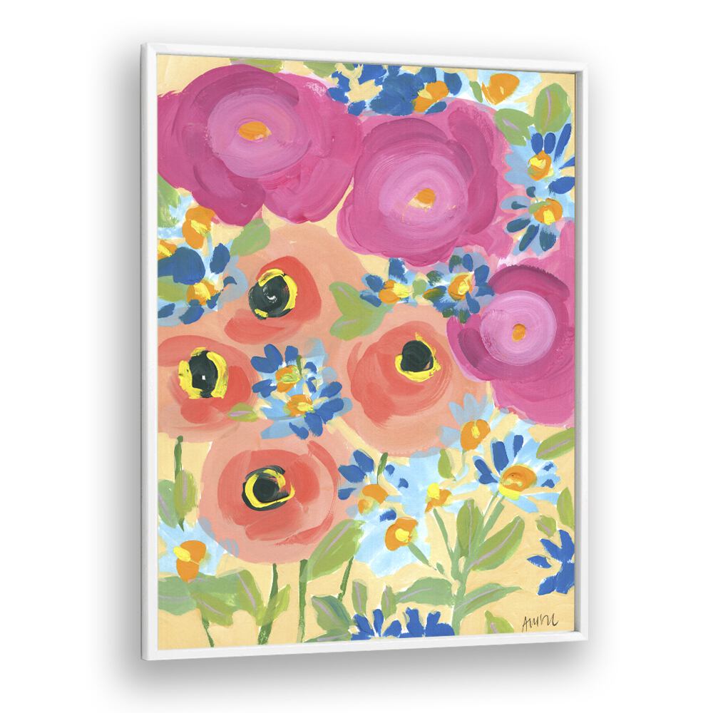 Pink Roses And Coral Anemones Botanical Flower Paintings Artwork  in White Plain Frame