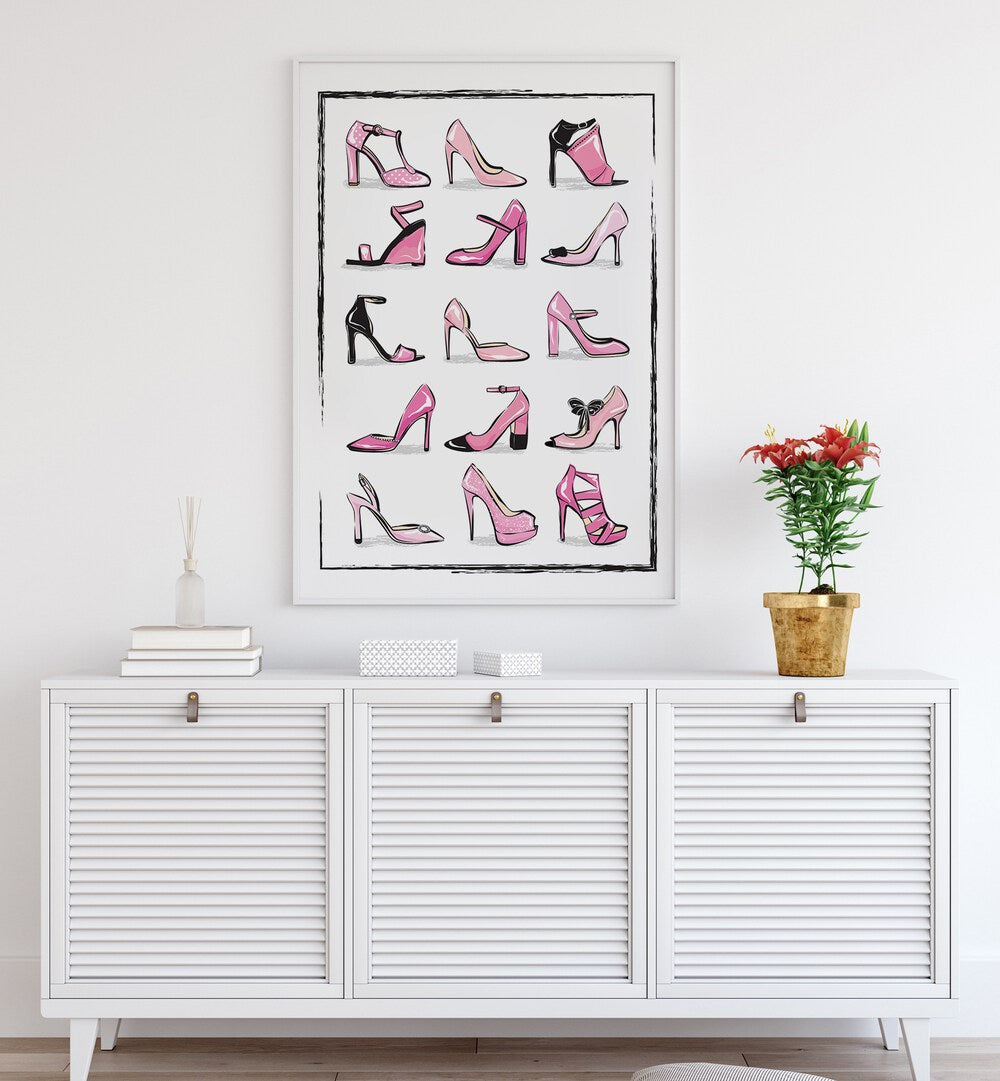 Pink Shoes Fashion Art Artwork in Gallery Wrap Artwork Placed on a wall In A Living Room 