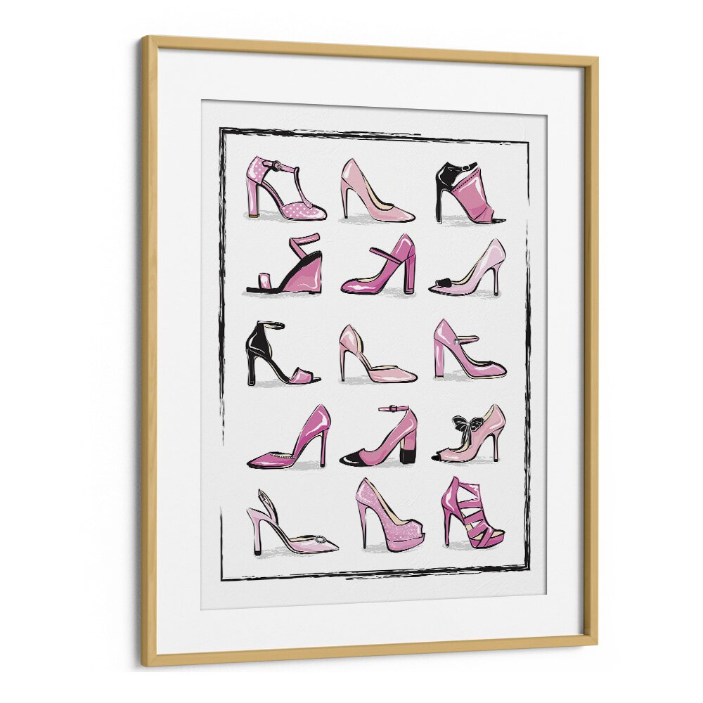 Pink Shoes Fashion Art Artwork in Oak Wood Frame With Mount
