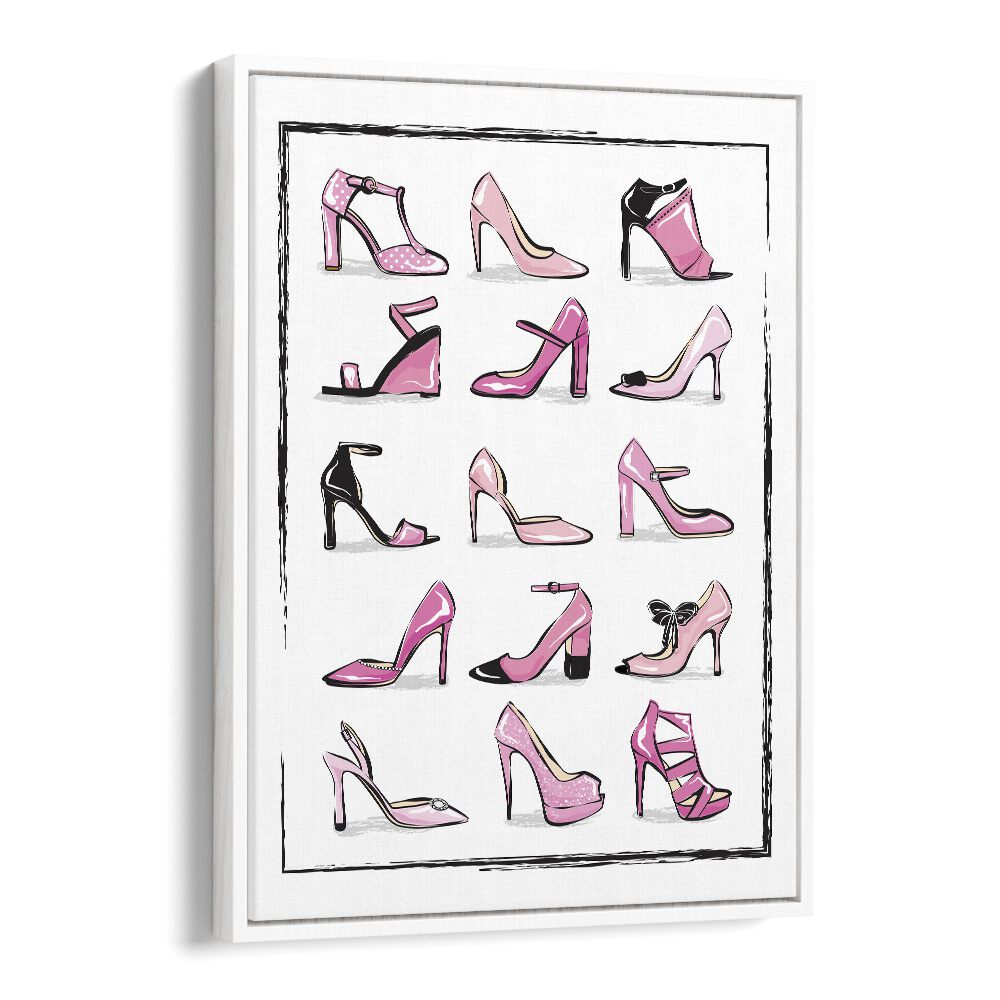 Pink Shoes Fashion art painting Artwork in White Floater Frame
