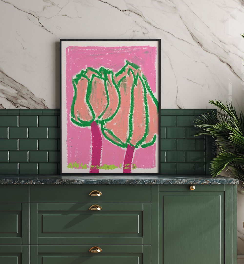 Pink Tulips By Ania Zwara Botanical Flower Paintings Artwork Placed on a wall