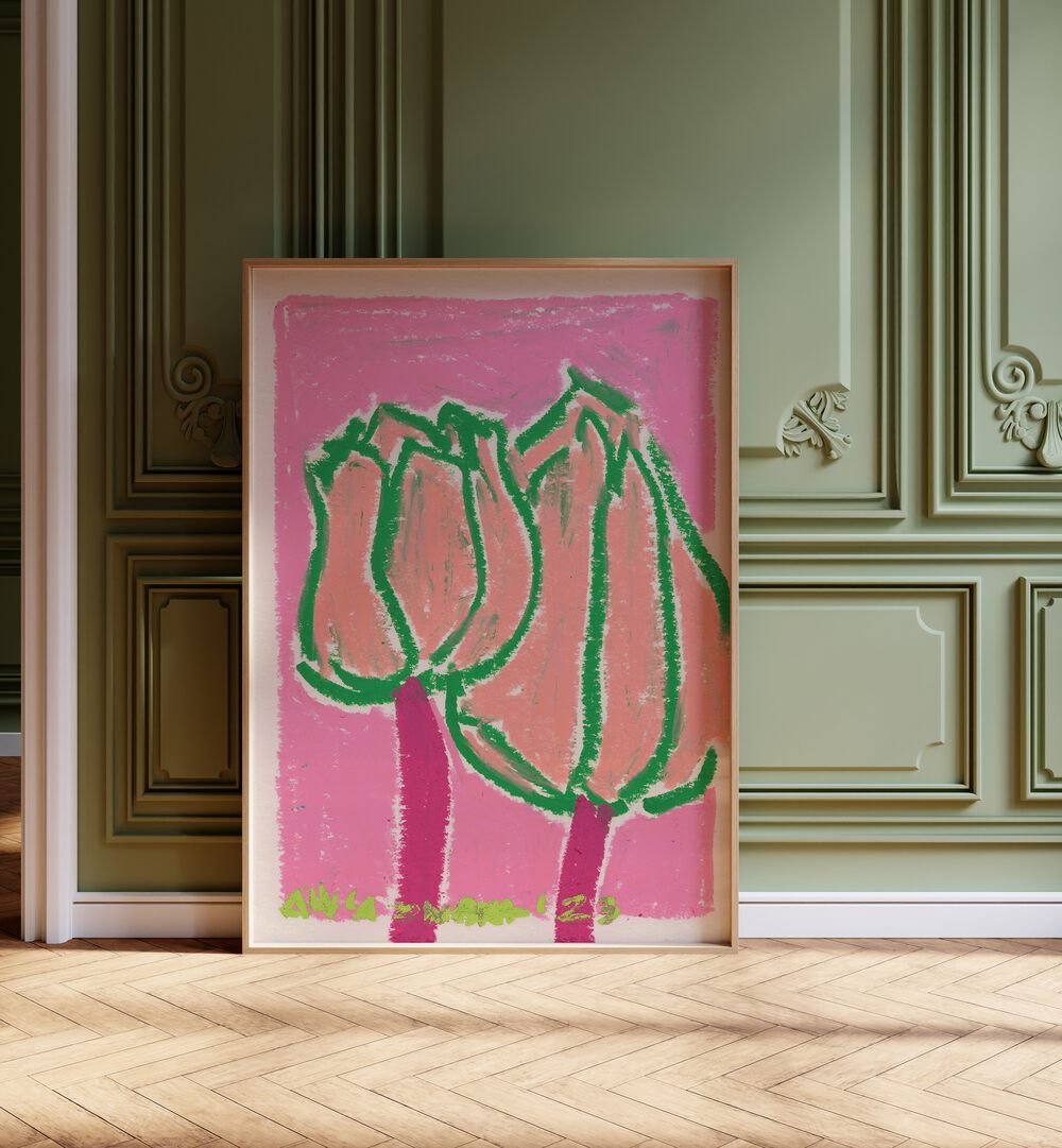 Pink Tulips By Ania Zwara Botanical Flower Paintings Artwork Placed Near Wall