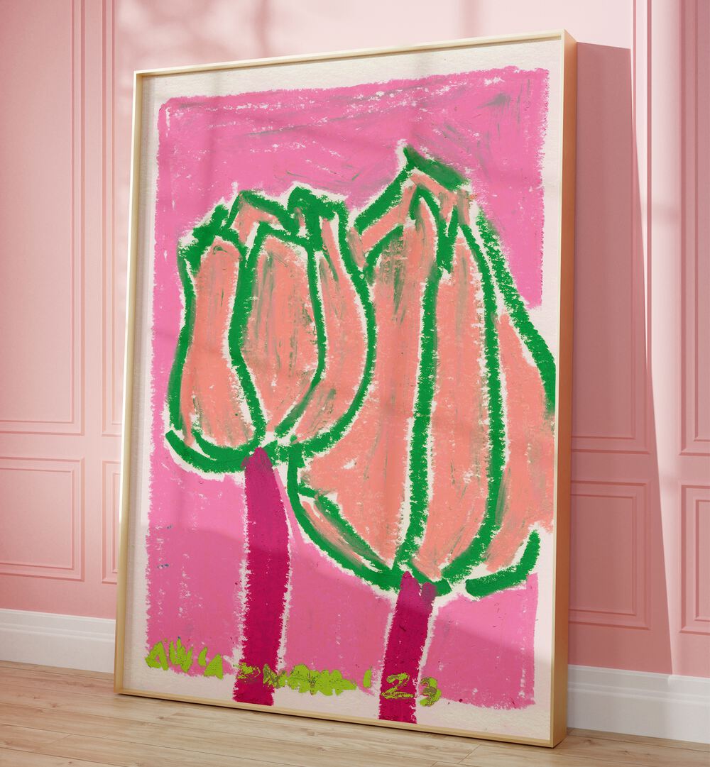 Pink Tulips By Ania Zwara Botanical Flower Paintings Artwork Placed Near Wall