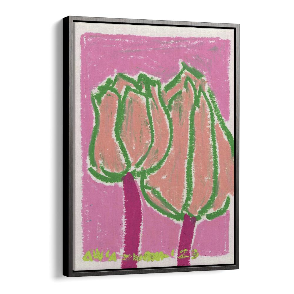 Pink Tulips By Ania Zwara Botanical Flower Paintings Artwork  in Black Floater Frame