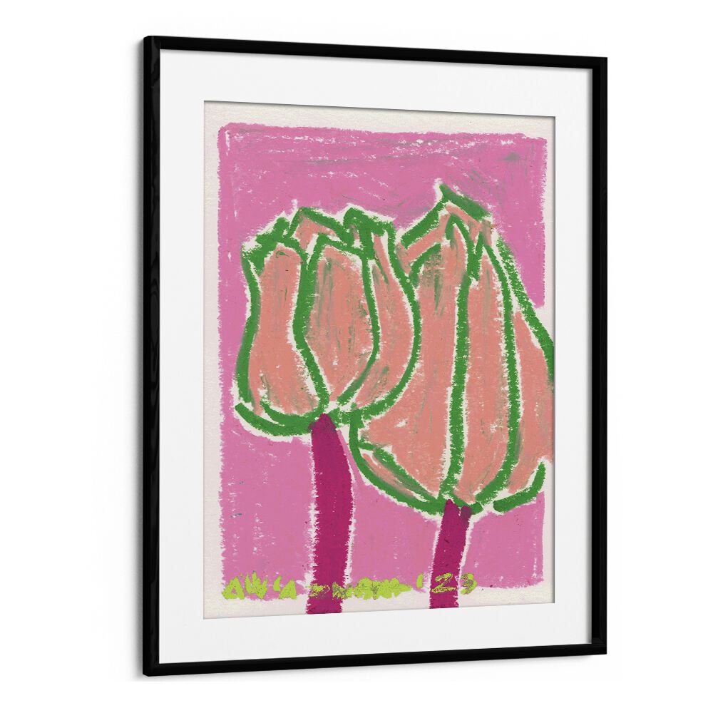 Pink Tulips By Ania Zwara Botanical Flower Paintings Artwork  in Black Frame With Mount